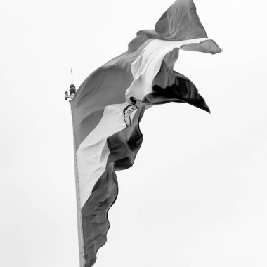 India flag flying high at Connaught Place with pride in blue sky, India flag fluttering, Indian Flag on Independence Day and Republic Day of India, tilt up shot, Waving Indian flag, Har Ghar Tiranga