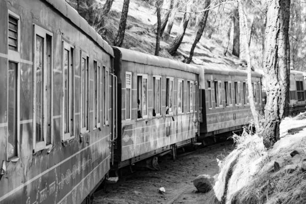 Oyuncak Tren Dağ Yamaçlarında Hareket Ediyor Güzel Bir Manzara Bir — Stok fotoğraf