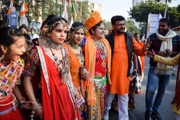 stock image New Delhi, India - January 16 2023 - Thousands of people collected during Prime Minister Narendra Modi BJP road show, people during PM Modi big election rally in the capital