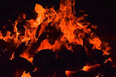 Siyah arka planda alevler, alev alev dokusu arka planda, çok güzel, ateş yanıyor, ateş odun ve inek gübresi ateşiyle yanıyor.