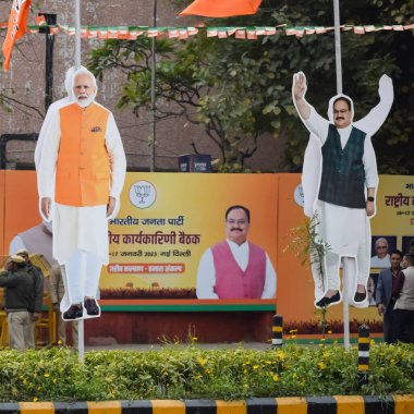New Delhi, India - January 16 2023 - Prime Minister Narendra Modi cut out during BJP road show, the statue of PM Modi while attending a big election rally in the capital