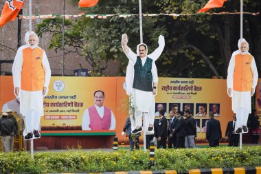 New Delhi, India - January 16 2023 - Prime Minister Narendra Modi cut out during BJP road show, the statue of PM Modi while attending a big election rally in the capital