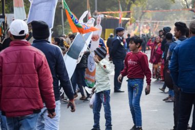 New Delhi, India - January 16 2023 - Thousands of people collected during Prime Minister Narendra Modi BJP road show, people during PM Modi big election rally in the capital