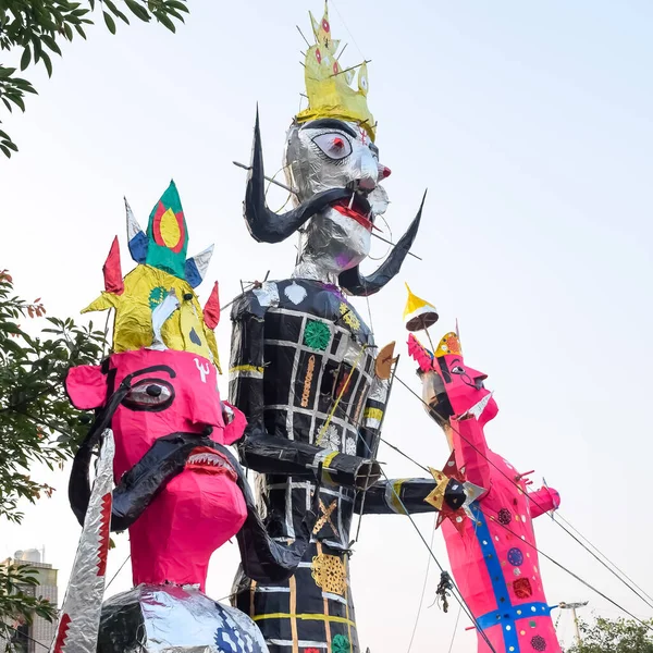 stock image Ravnans being ignited during Dussera festival at ramleela ground in Delhi, India, Big statue of Ravana to get fire during the Fair of Dussera to celebrate the victory of truth by Lord Rama