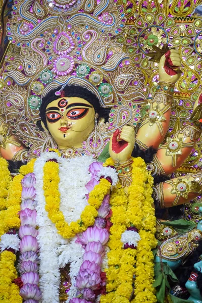 Goddess Durga with traditional look in close up view at a South Kolkata Durga Puja, Durga Puja Idol, A biggest Hindu Navratri festival in India