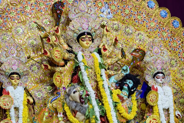 stock image Goddess Durga with traditional look in close up view at a South Kolkata Durga Puja, Durga Puja Idol, A biggest Hindu Navratri festival in India