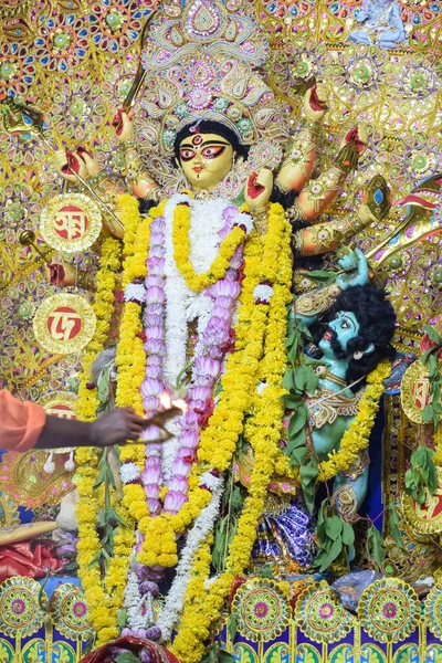 Durga Istennő Hagyományos Megjelenéssel Közelről Egy Dél Kolkata Durga Puja — Stock Fotó