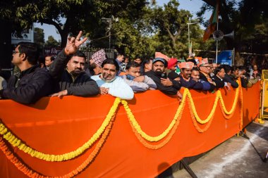 New Delhi, India - January 16 2023 - Thousands of people collected during Prime Minister Narendra Modi BJP road show, people during PM Modi big election rally in the capital