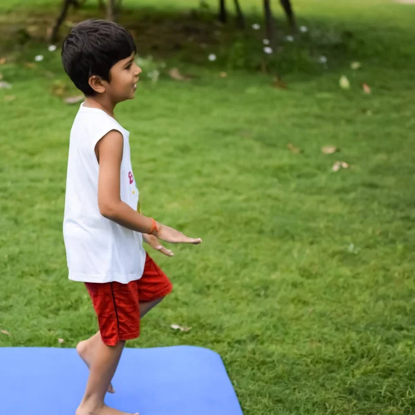 Asiatique Intelligent Enfant Faisant Pose Yoga Dans Parc Société Plein — Photo
