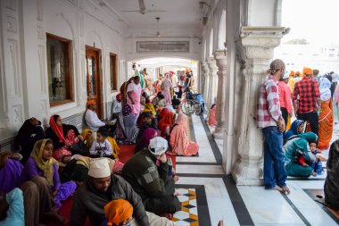 Amritsar, Hindistan - 26 Şubat 2023 - Amritsar, Punjab, Punjab 'daki Altın Tapınak' taki (Harmandir Sahib) tanımlanamayan dindarlar,