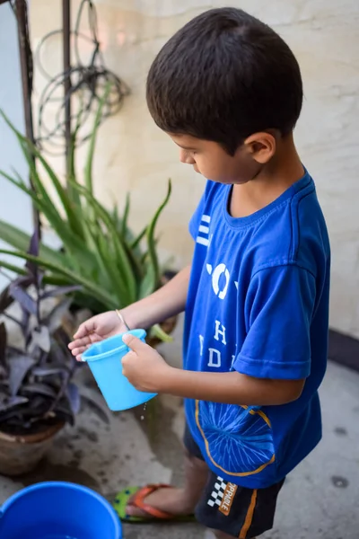 Şirin 5 yaşındaki Asyalı çocuk, ev balkonundaki saksıları suluyor. Bitkileri sularken küçük tatlı bir çocuğun doğaya olan sevgisi.