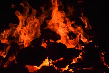 Siyah arka planda alevler, alev alev dokusu arka planda, çok güzel, ateş yanıyor, ateş odun ve inek gübresi ateşiyle yanıyor.