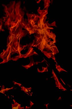 Siyah arka planda alevler, alev alev dokusu arka planda, çok güzel, ateş yanıyor, ateş odun ve inek gübresi ateşiyle yanıyor.