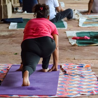 Hindistan, Yeni Delhi 'deki Lodhi Garden Park' ta yoga yapan Hintli genç bir kadından esinlendim. Genç vatandaş dışarıda egzersiz yapıyor ve yoga köşesinde duruyor. Spor salonu ve yaşam dengesi konsepti