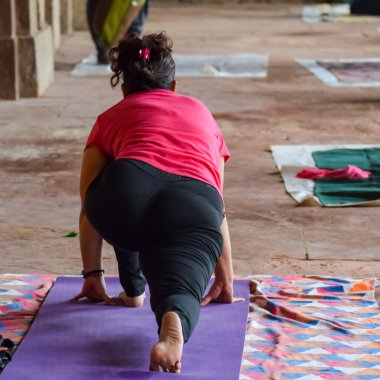 Hindistan, Yeni Delhi 'deki Lodhi Garden Park' ta yoga yapan Hintli genç bir kadından esinlendim. Genç vatandaş dışarıda egzersiz yapıyor ve yoga köşesinde duruyor. Spor salonu ve yaşam dengesi konsepti