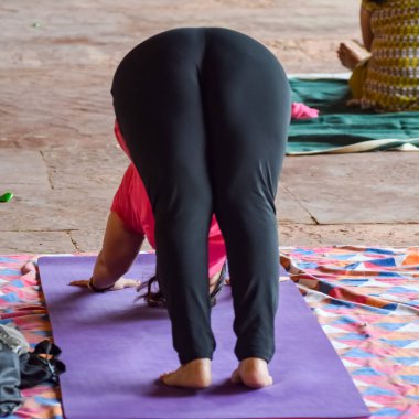 Hindistan, Yeni Delhi 'deki Lodhi Garden Park' ta yoga yapan Hintli genç bir kadından esinlendim. Genç vatandaş dışarıda egzersiz yapıyor ve yoga köşesinde duruyor. Spor salonu ve yaşam dengesi konsepti