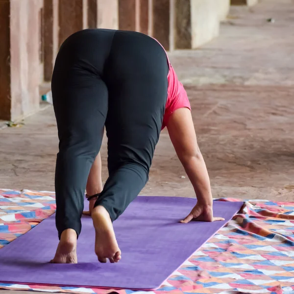 在印度新德里Lodhi花园公园做瑜伽的印度年轻女子受到启发 年轻公民在室外锻炼 站在瑜伽侧角姿势 室外健康和生活平衡概念 — 图库照片