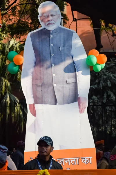 stock image New Delhi, India - January 16 2023 - Prime Minister Narendra Modi cut out during BJP road show, the statue of PM Modi while attending a big election rally in the capital