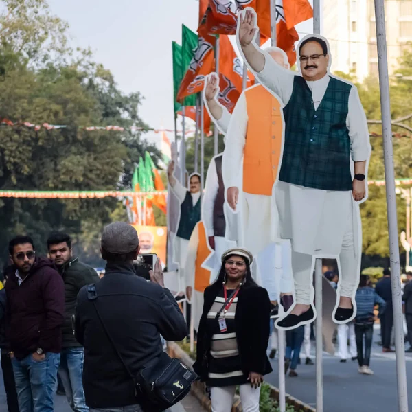 stock image New Delhi, India - January 16 2023 - Prime Minister Narendra Modi cut out during BJP road show, the statue of PM Modi while attending a big election rally in the capital