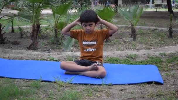 Azjatyckie Mądre Dziecko Uprawiające Jogę Parku Społecznym Świeżym Powietrzu Poza — Wideo stockowe