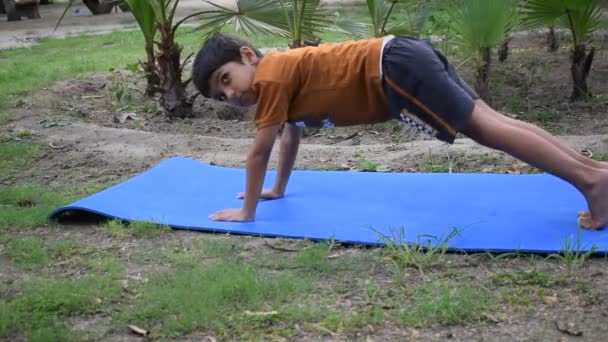 Азиатский Франтовский Малыш Делает Представления Yoga Парке Общества Наружной Представления — стоковое видео