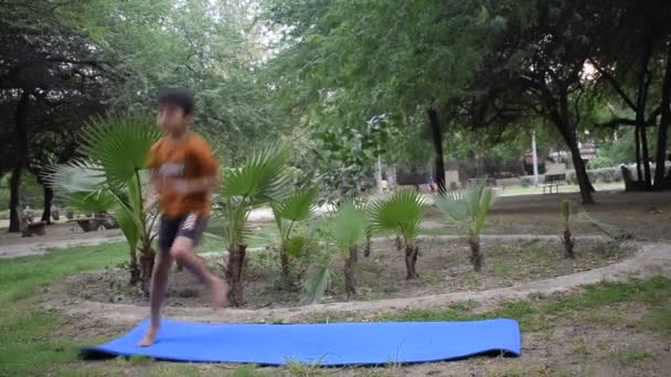 Asian Smart Kid Doing Yoga Pose Society Park Outdoor Children — Stock Video