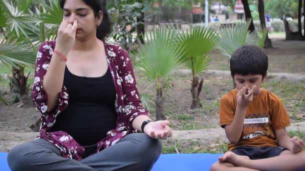 Mujer India Joven Con Hijo Practicando Yoga Aire Libre Parque — Vídeos de Stock
