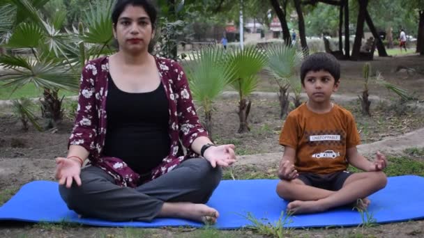 Mladá Indiánka Dítětem Cvičí Jógu Venku Parku Krásná Dívka Svým — Stock video