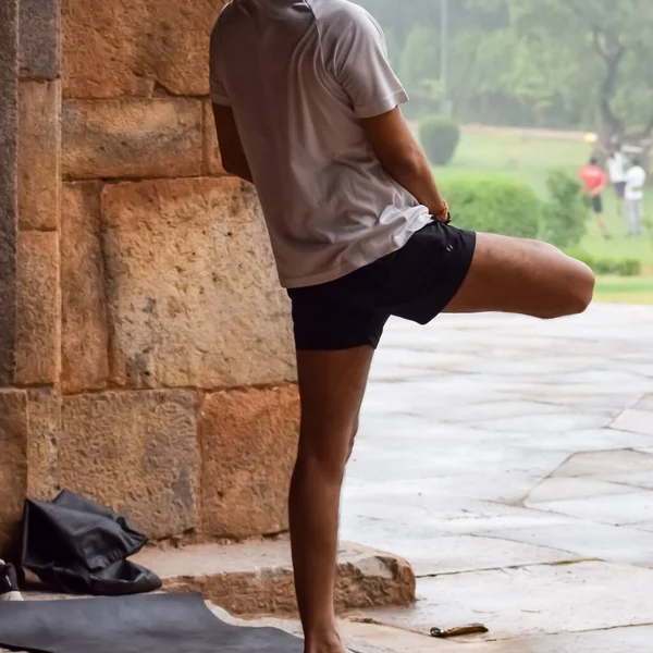 Inspired Indian Young Man Doing Yoga Asanas Lodhi Garden Park — Stock Photo, Image