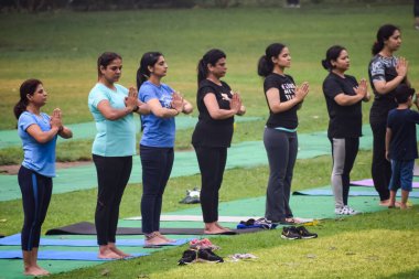 Yeni Delhi, Hindistan, 31 Mayıs 2023 - Lodhi Garden 'da farklı yaşlarda insanlar için grup yoga sınıfı Surya Namaskar, Uluslararası Yoga Günü, parkta yoga dersine katılan büyük bir grup yetişkin