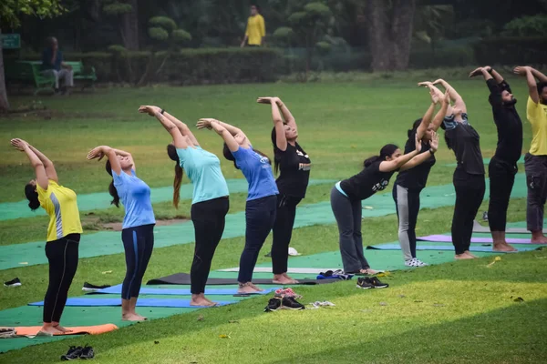 Yeni Delhi, Hindistan, 31 Mayıs 2023 - Lodhi Garden 'da farklı yaşlarda insanlar için grup yoga sınıfı Surya Namaskar, Uluslararası Yoga Günü, parkta yoga dersine katılan büyük bir grup yetişkin