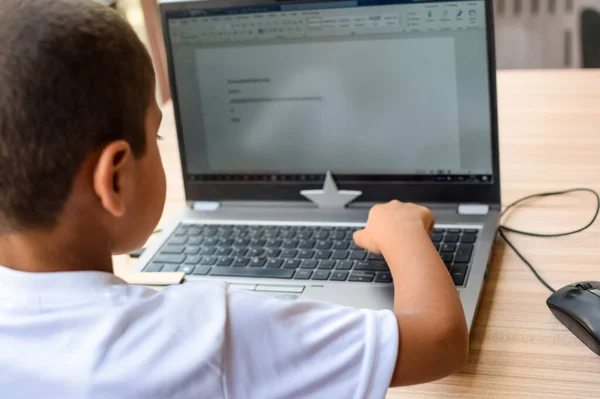 1. sınıftaki dizüstü bilgisayarını kullanan küçük bir çocuk, uzaktan eğitim için bilgisayarında okuyan bir çocuk, okul çocuğu yaşam tarzı konsepti.