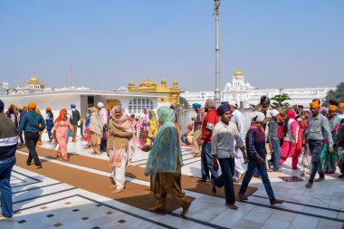Amritsar, Hindistan - 26 Şubat 2023 - Amritsar, Punjab, Punjab 'daki Altın Tapınak' taki (Harmandir Sahib) tanımlanamayan dindarlar,