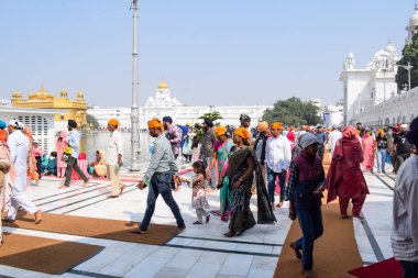 Amritsar, Hindistan - 26 Şubat 2023 - Amritsar, Punjab, Punjab 'daki Altın Tapınak' taki (Harmandir Sahib) tanımlanamayan dindarlar,