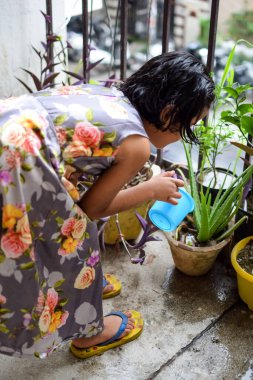 Şirin 5 yaşındaki Asyalı küçük kız, ev balkonundaki saksıları suluyor, bitkileri sularken doğa anaya duyulan sevgi, çocuk yetiştirme.
