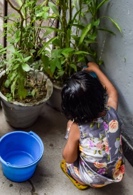 Şirin 5 yaşındaki Asyalı küçük kız, ev balkonundaki saksıları suluyor, bitkileri sularken doğa anaya duyulan sevgi, çocuk yetiştirme.