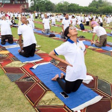 Yeni Delhi, Hindistan, 21 Haziran 2023 - Uluslararası Yoga Günü 'nde Delhi' deki Yamuna Spor Kompleksi 'nde grup Yoga egzersiz oturumu, kriket stadyumunda yoga derslerine katılan büyük bir grup yetişkin