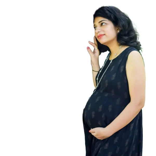 Gravid Indisk Dam Poser För Graviditetsfotografering Och Händer Magen Med — Stockfoto