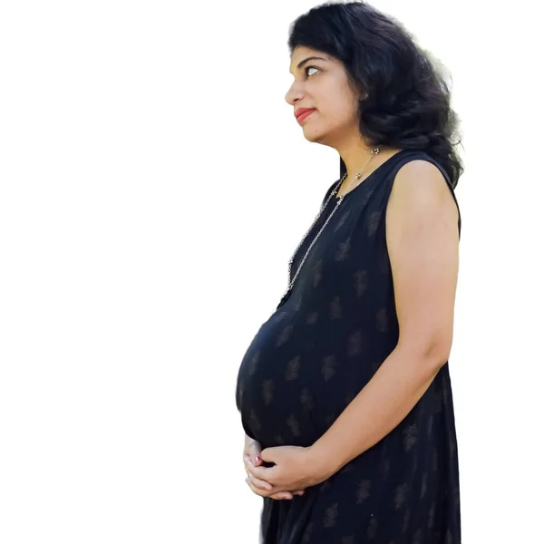 Eine Schwangere Inderin Posiert Für Schwangerschafts Shooting Und Hände Auf — Stockfoto