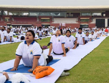 Yeni Delhi, Hindistan, 21 Haziran 2023 - Uluslararası Yoga Günü 'nde Delhi' deki Yamuna Spor Kompleksi 'nde grup Yoga egzersiz oturumu, kriket stadyumunda yoga derslerine katılan büyük bir grup yetişkin