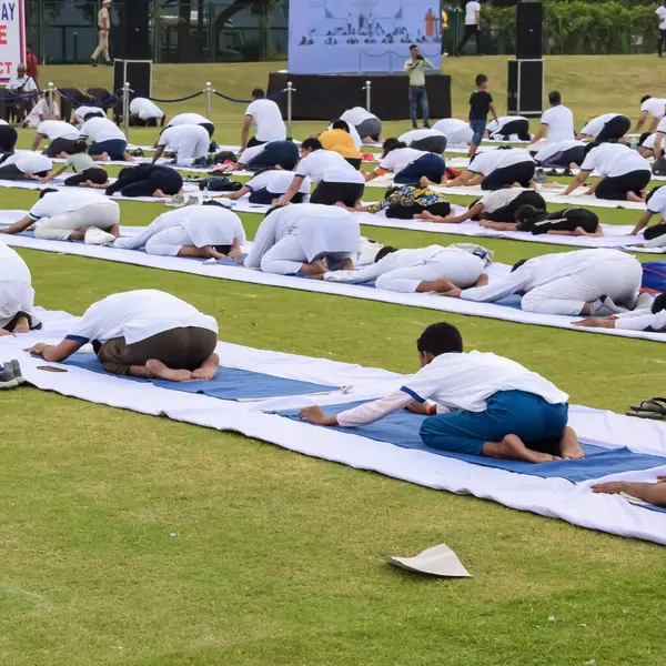 Nueva Delhi India Junio 2023 Sesión Ejercicios Yoga Grupo Para —  Fotos de Stock