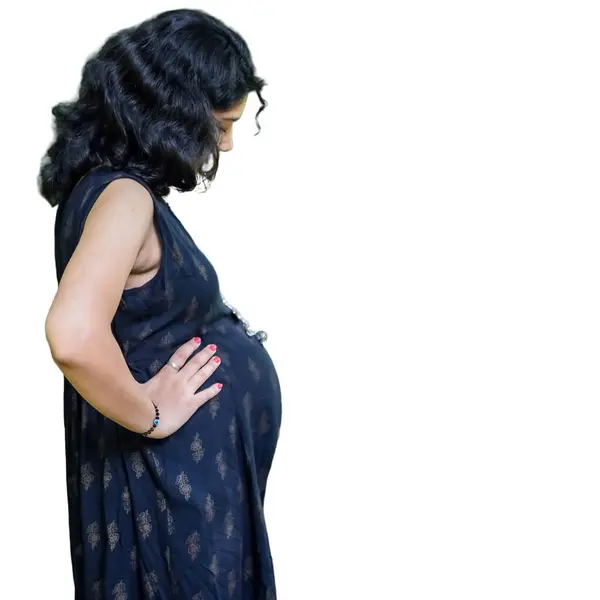 Una Mujer India Embarazada Posa Para Disparar Embarazo Las Manos — Foto de Stock