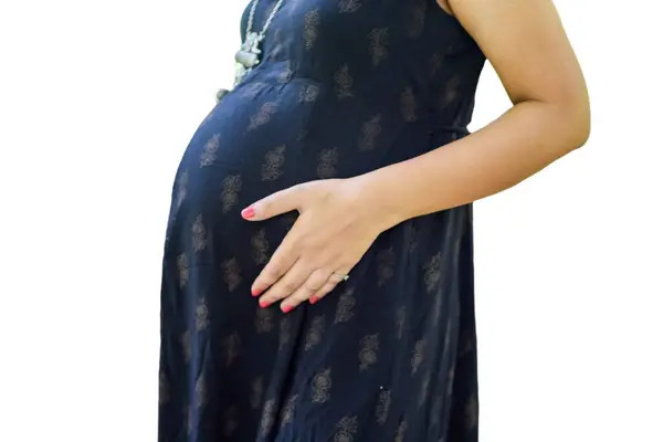 Pregnant Indian Lady Poses Pregnancy Shoot Hands Belly White Background — Stock Photo, Image