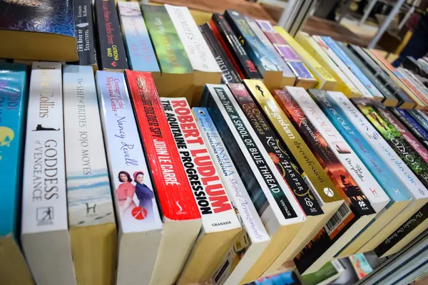 Yeni Delhi, Hindistan, Eylül 09 2023 - Delhi Uluslararası Kitap Fuarı 'ndaki bir kitap standında raflarda bulunan çeşitli kitaplar, Yıllık Kitap Fuarı' nda sergilenen kitaplar.