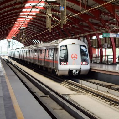 Yeni Delhi Hindistan - 09 Ekim 2023 - Delhi Metro treni Yeni Delhi, Hindistan, Asya 'daki Jhandewalan metro istasyonuna varıyor.