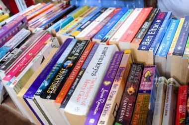 Yeni Delhi, Hindistan, Eylül 09 2023 - Delhi Uluslararası Kitap Fuarı 'ndaki bir kitap standında raflarda bulunan çeşitli kitaplar, Yıllık Kitap Fuarı' nda sergilenen kitaplar.