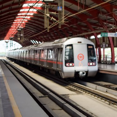 Yeni Delhi Hindistan - 09 Ekim 2023 - Delhi Metro treni Yeni Delhi, Hindistan, Asya 'daki Jhandewalan metro istasyonuna varıyor.