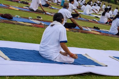 Yeni Delhi, Hindistan, 21 Haziran 2023 - Uluslararası Yoga Günü 'nde Delhi' deki Yamuna Spor Kompleksi 'nde grup Yoga egzersiz oturumu, kriket stadyumunda yoga derslerine katılan büyük bir grup yetişkin