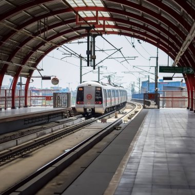 Yeni Delhi Hindistan - 09 Ekim 2023 - Delhi Metro treni Yeni Delhi, Hindistan, Asya 'daki Jhandewalan metro istasyonuna varıyor.