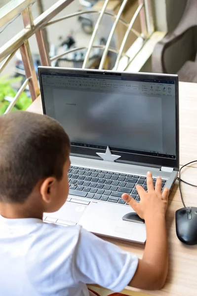 1. sınıftaki dizüstü bilgisayarını kullanan küçük bir çocuk, uzaktan eğitim için bilgisayarında okuyan bir çocuk, okul çocuğu yaşam tarzı konsepti.